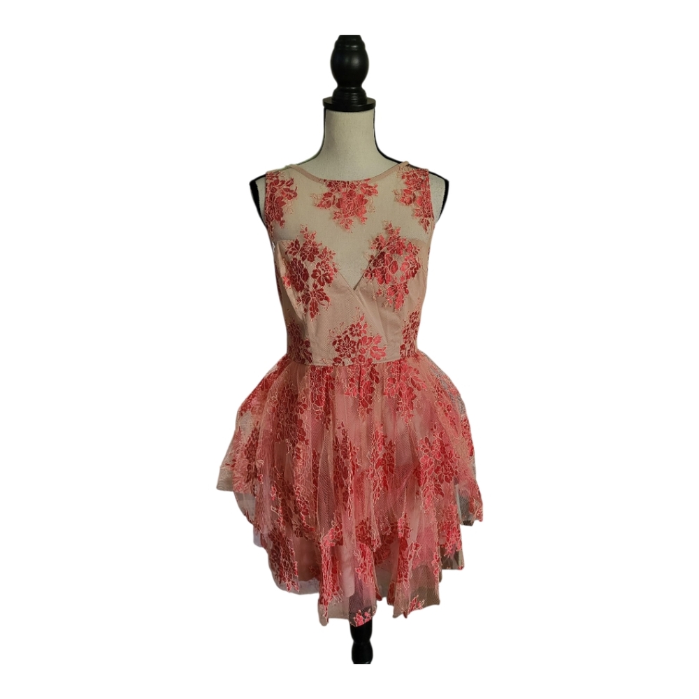 Maniju Red/pink Floral Lace Tulle‎ Party Dress Women's Size Large L Sleeveless